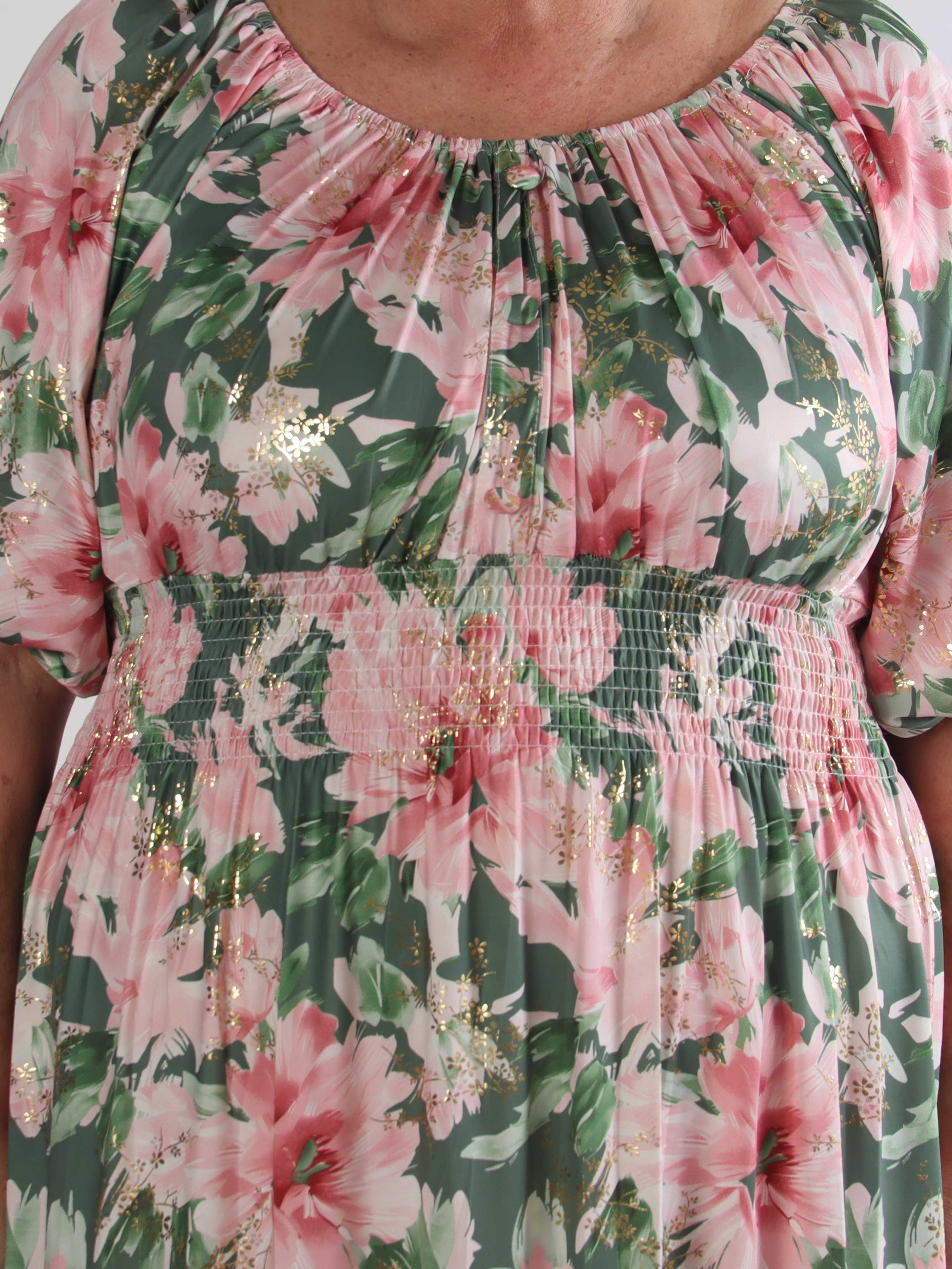 Cora Flower Midi - Elastisk blomstret plus size kjole med guld print